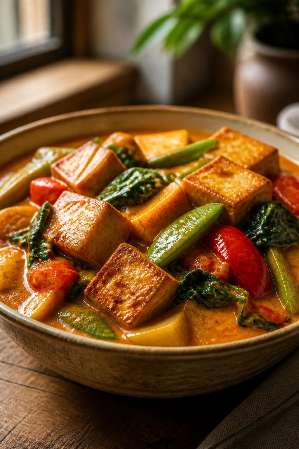 Tofu in coconut curry with peppers and greens in a bowl