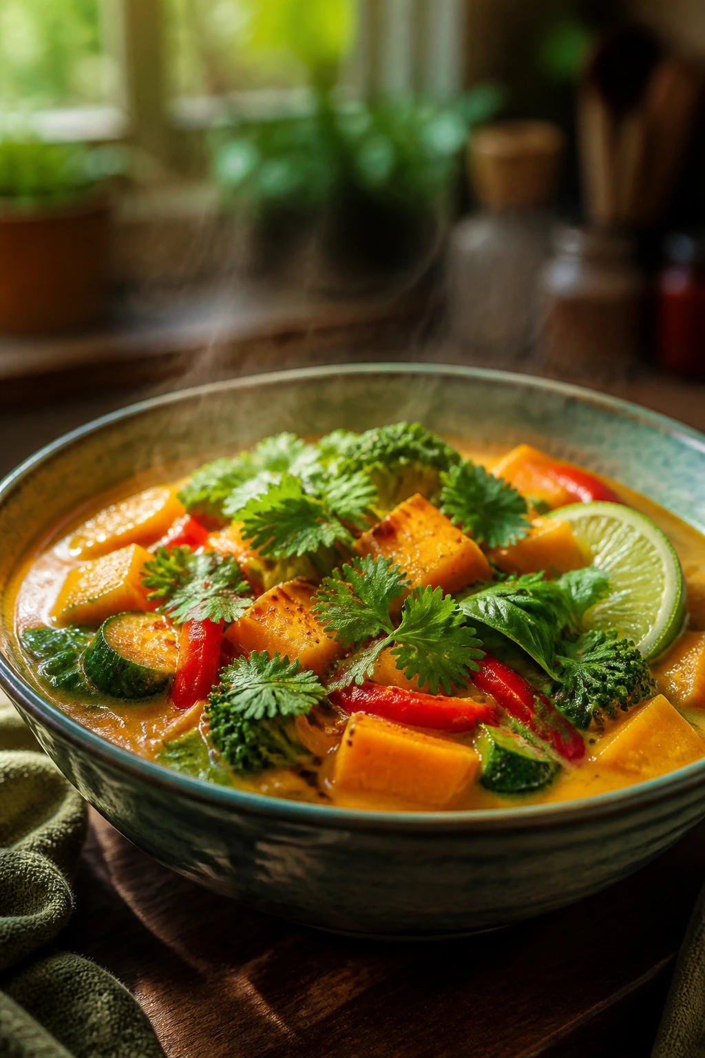 Steaming bowl of coconut curry with vegetables