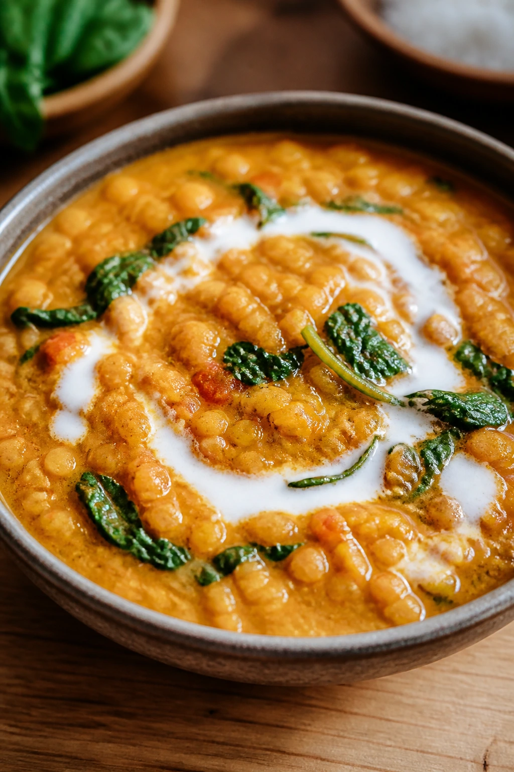Close-up of Coconut Curry Lentil Stew with lentils and coconut curry in a bowl.