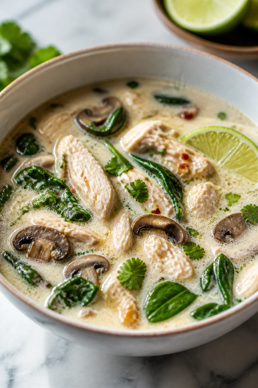 Steaming coconut lime chicken soup in a bowl