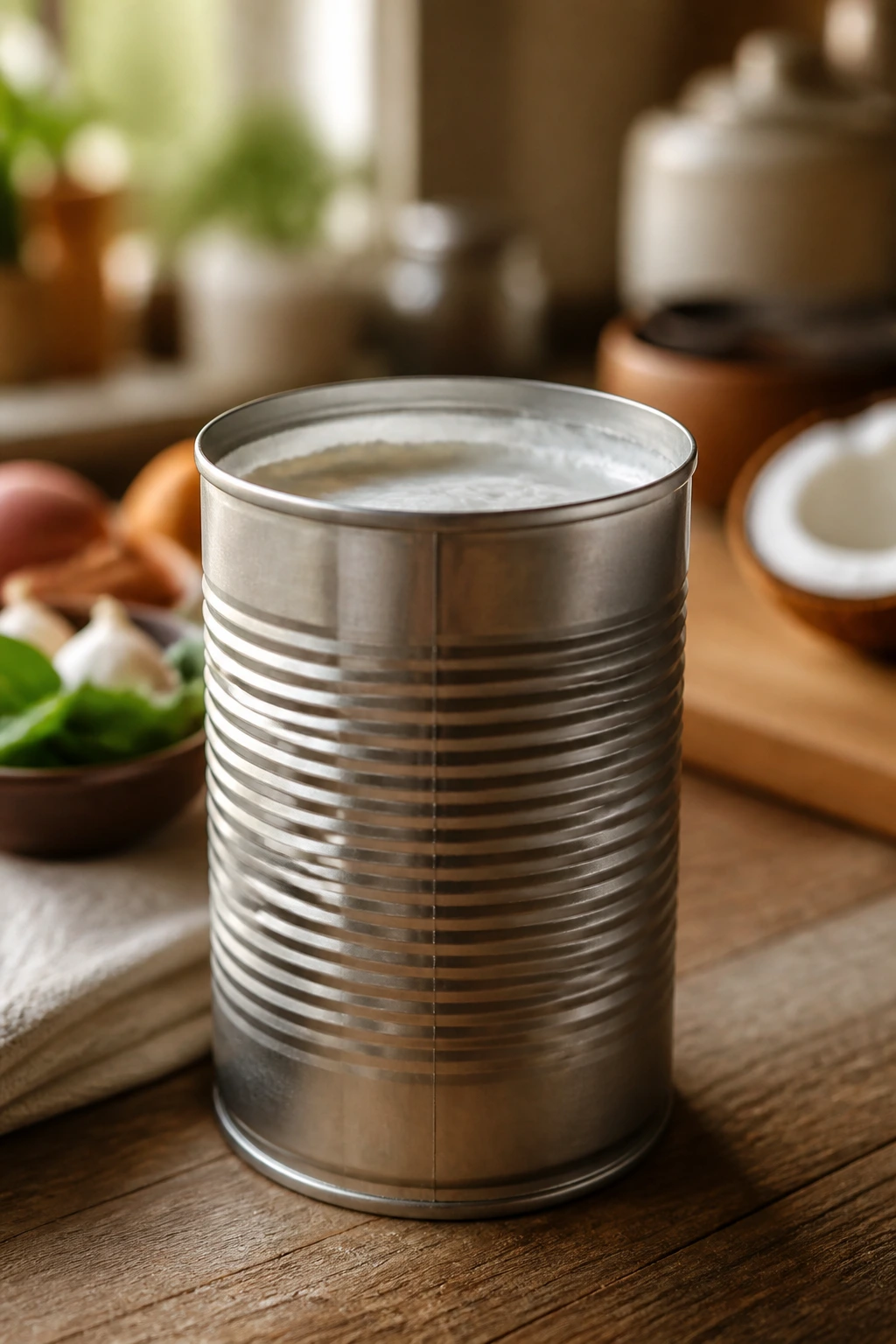 Coconut milk can on kitchen counter with label hidden and cream separation visible