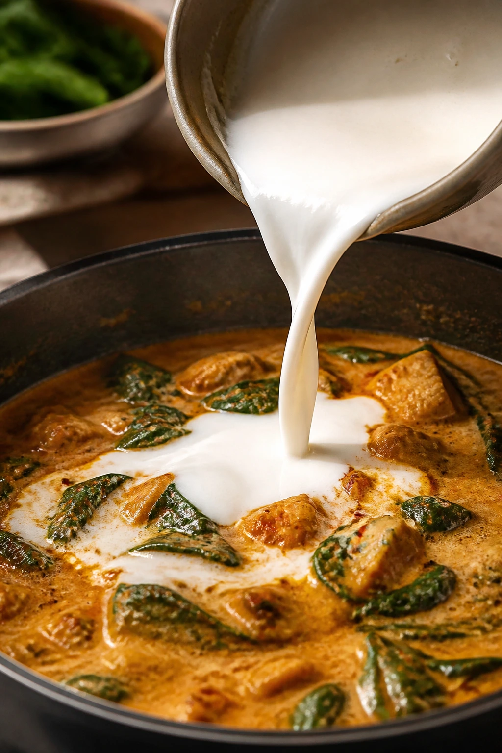 Close-up of coconut milk being poured into curry to avoid curdling