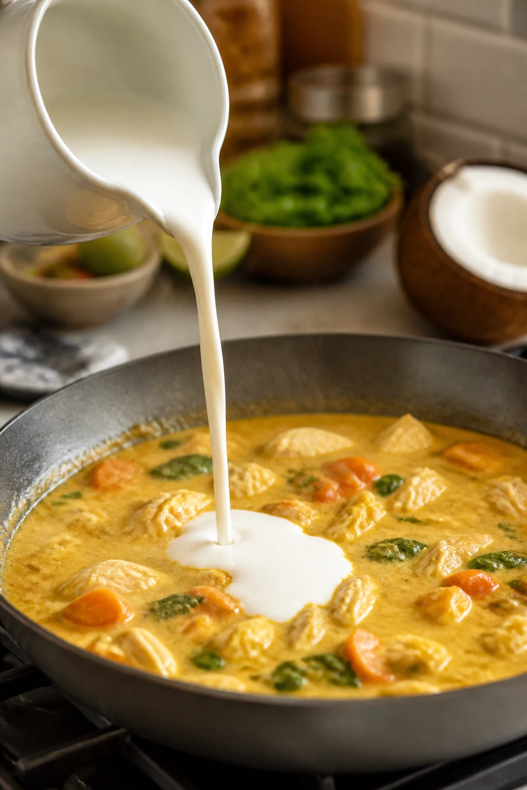 Pouring dairy-free coconut milk into curry in a pan