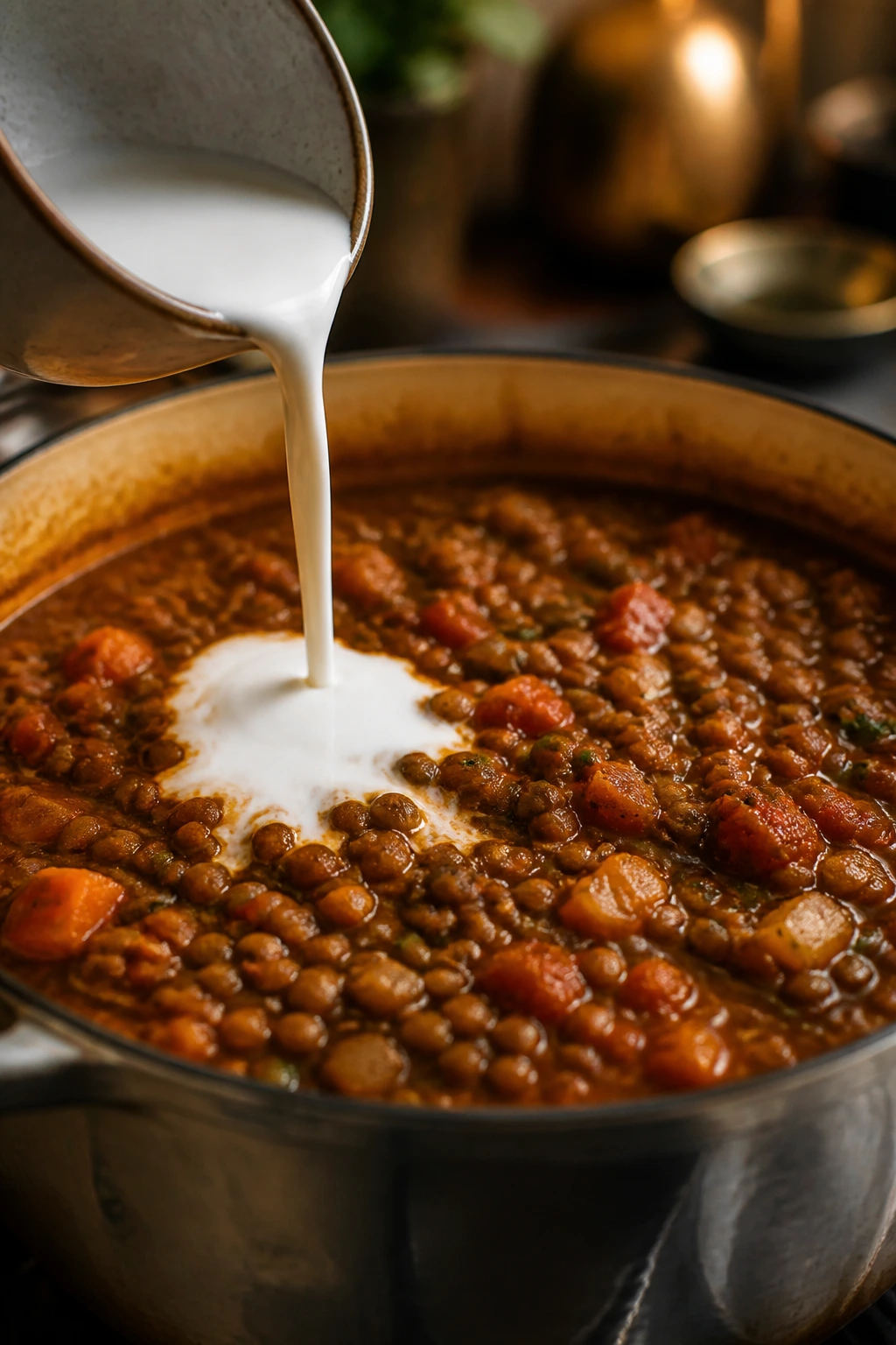 Pouring coconut milk into lentil stew in a kitchen pot