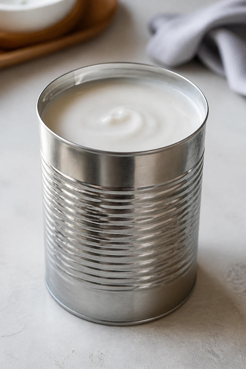 Plain coconut milk can with creamy contents