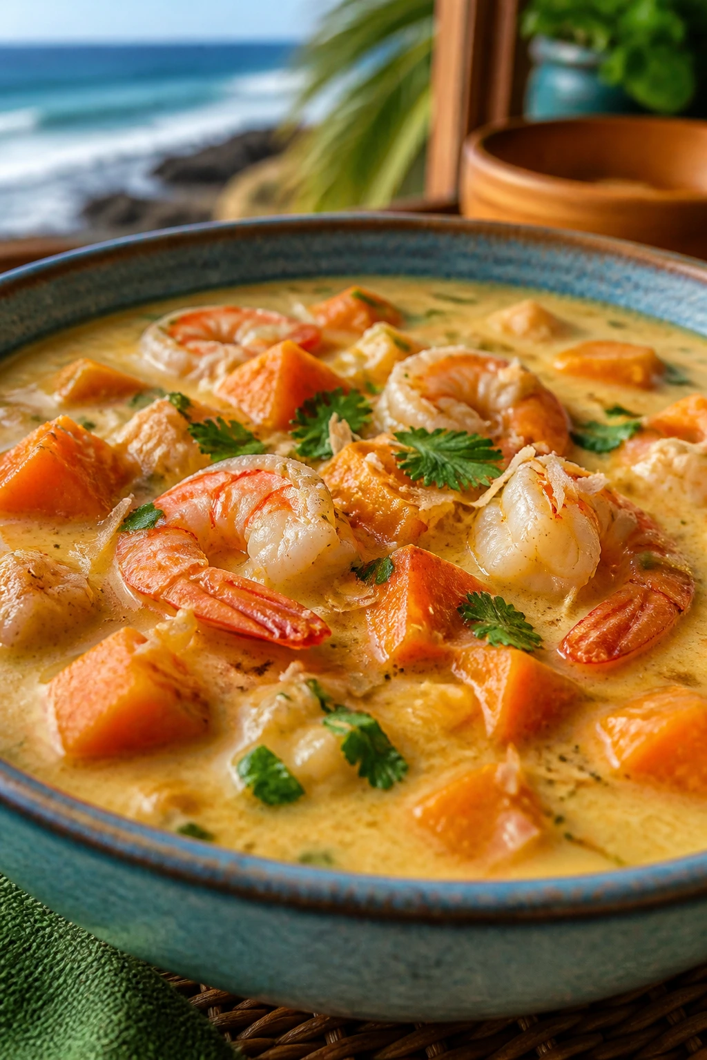 Close-up of coconut shrimp chowder with sweet potato in coconut broth
