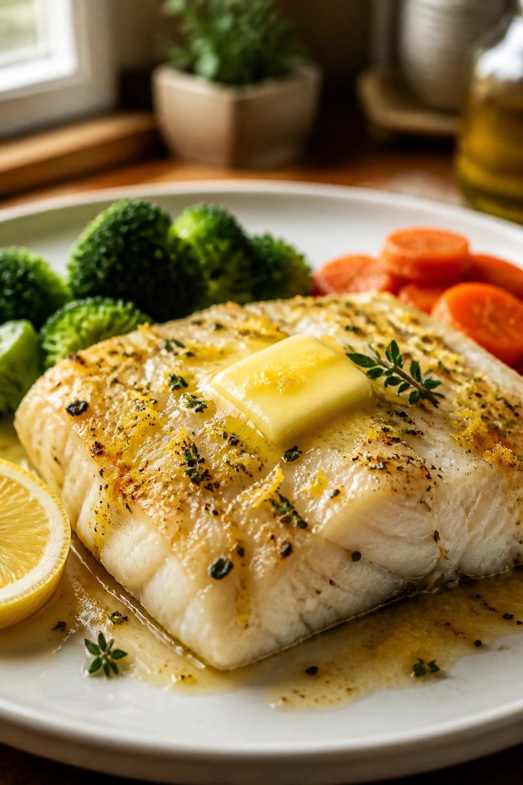 Close-up of cod with butter and lemon zest on plate in kitchen.