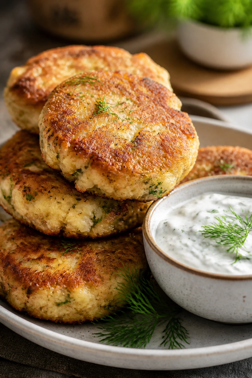 Golden cod cakes with dill yogurt dip on a plate.