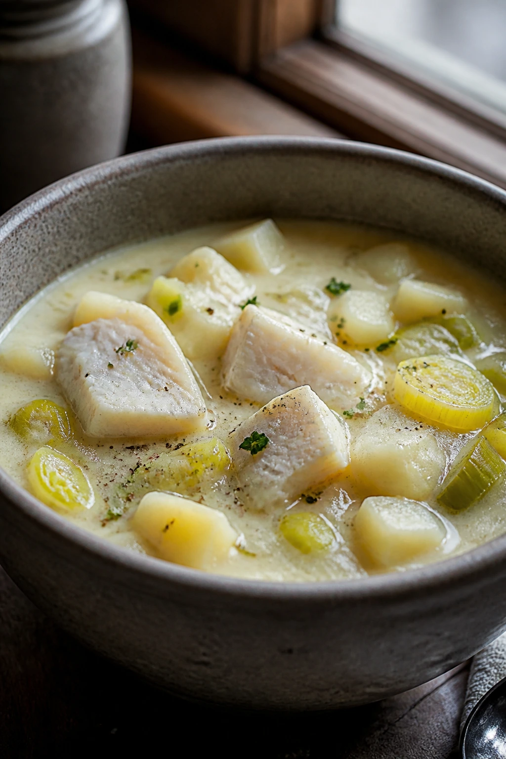 Close-up of cod, leek, and potato chowder with cod chunks
