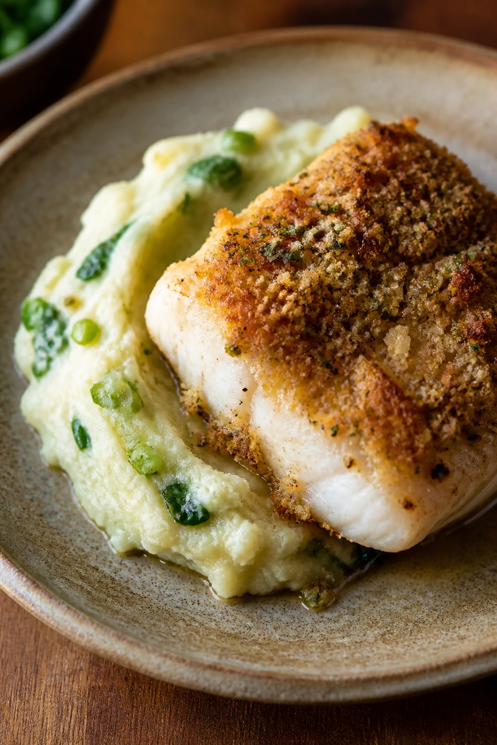 Cod fillet with brown butter breadcrumbs and colcannon on plate