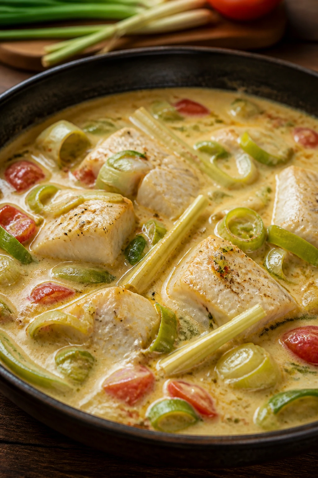 Close-up of cod pieces in a coconut curry with leeks and lemongrass