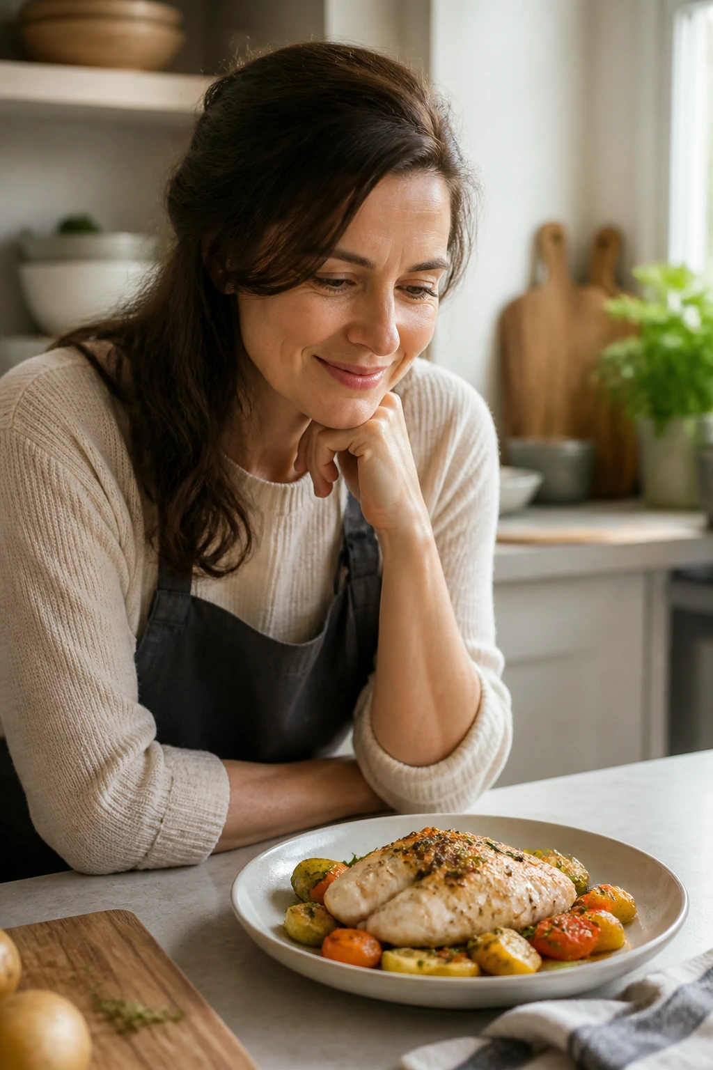 Portrait of a home cook in a kitchen contemplating cod dinner.
