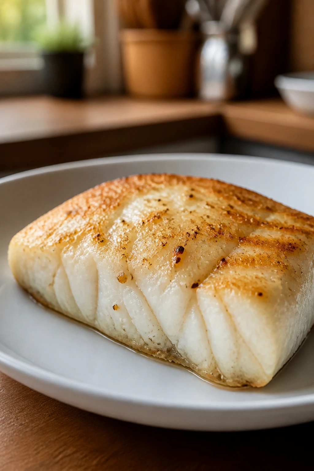 Close-up of a golden cod fillet on a white plate in a cozy kitchen, showing flaky texture