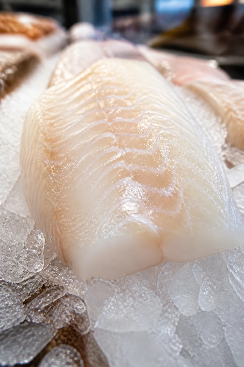 Fresh cod fillet on ice at market.