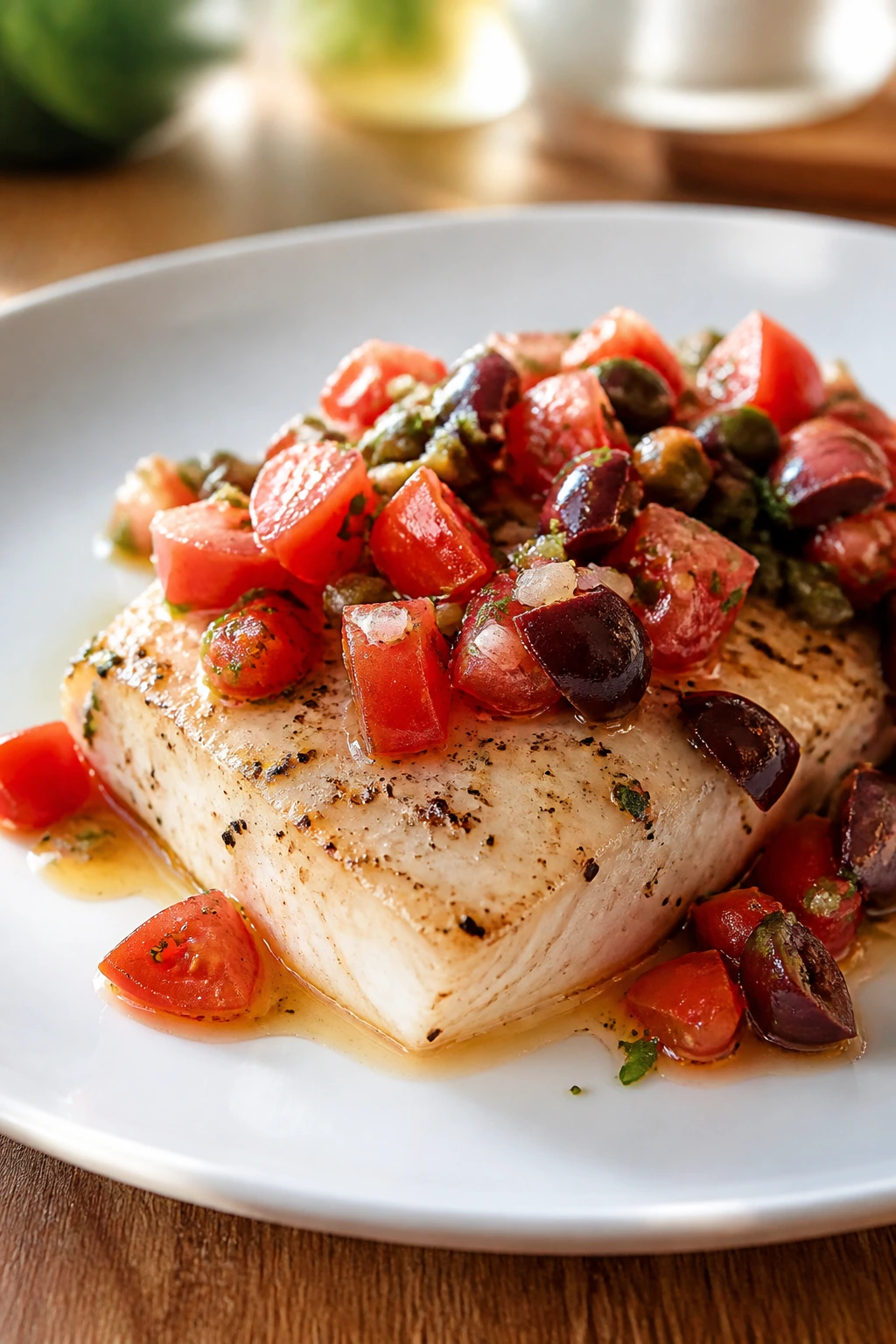 Cod fillet with tomato olive relish on plate in kitchen