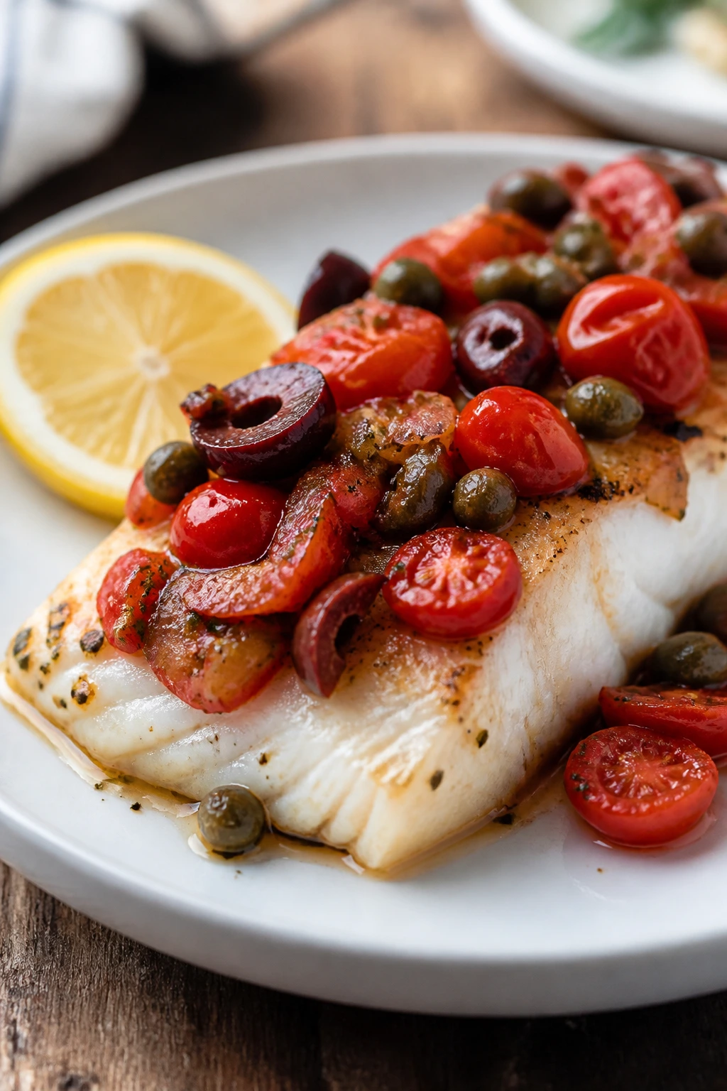 Cod fillet with tomato olive relish on plate