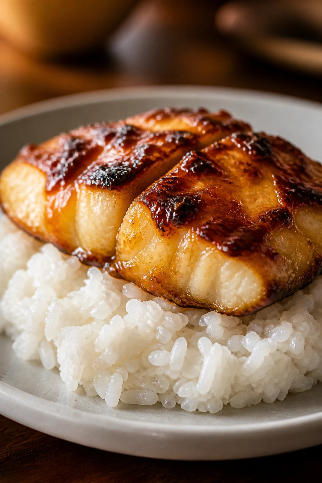 Glossy miso-glazed cod fillet over rice on a plate