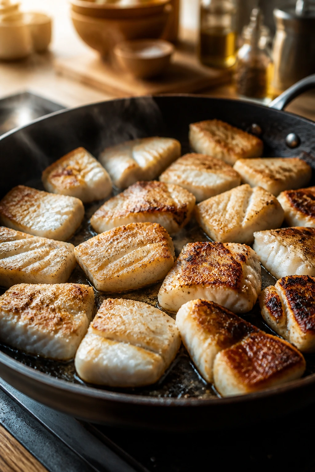 Overcrowded skillet with cod pieces browning unevenly.