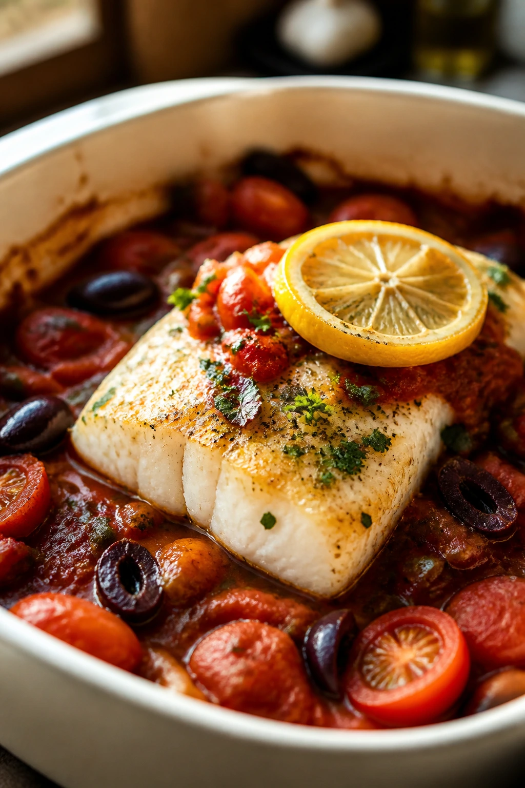 Cod fillet in tomato-olive sauce on plate