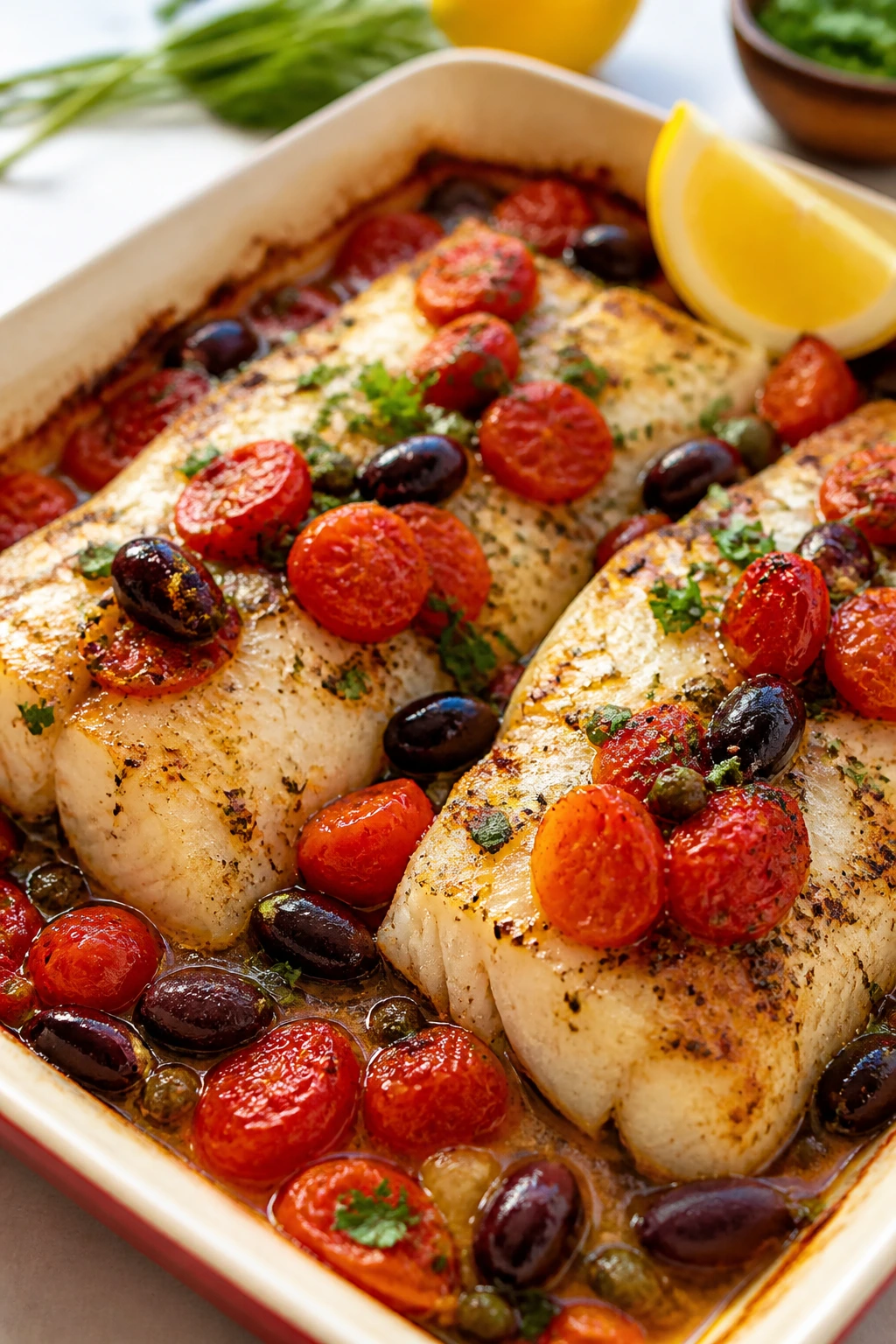 Close-up of cod with tomatoes and olives in a baking dish.