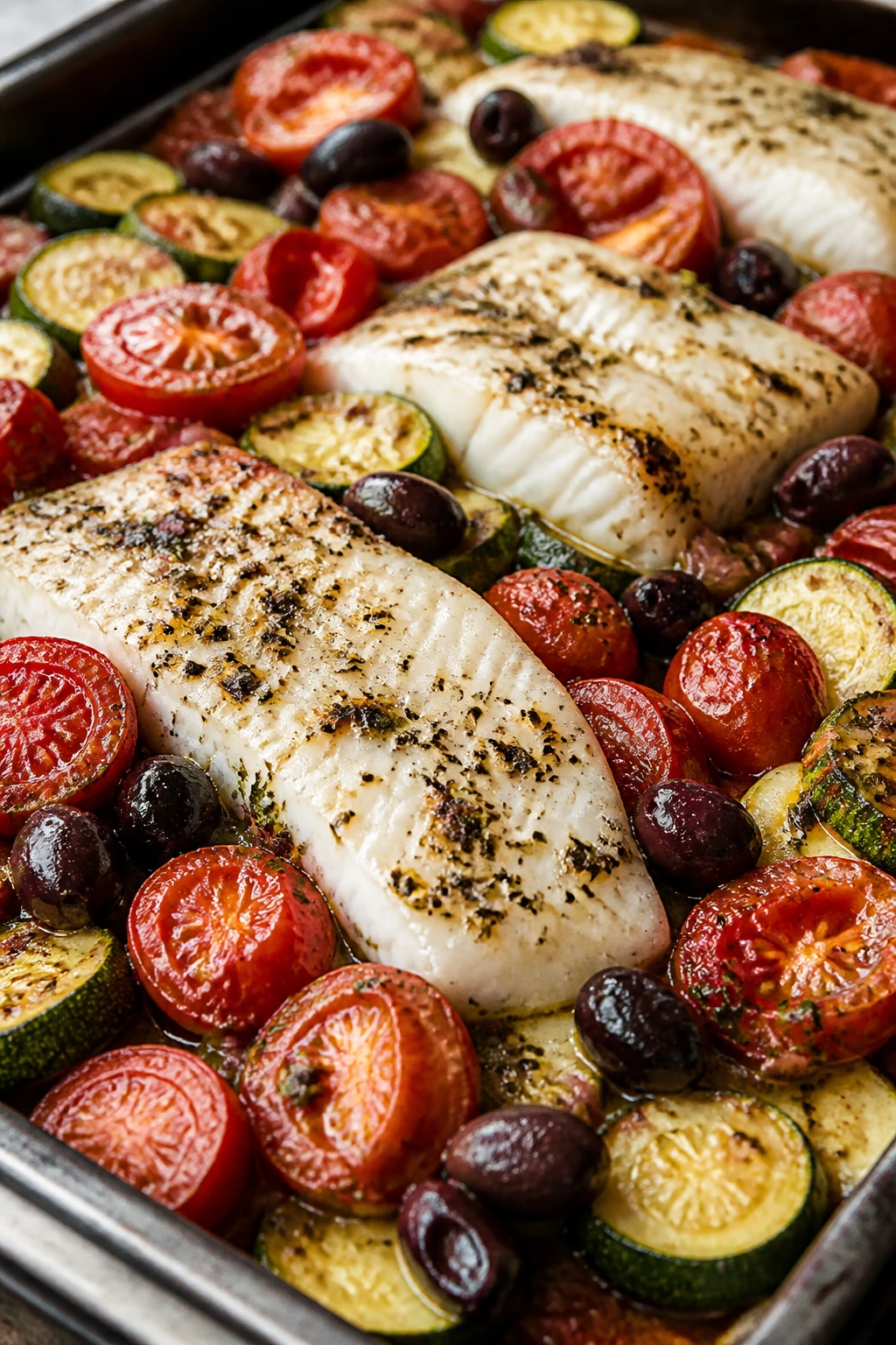 Sheet-pan cod with tomatoes olives and zucchini on a warm kitchen counter