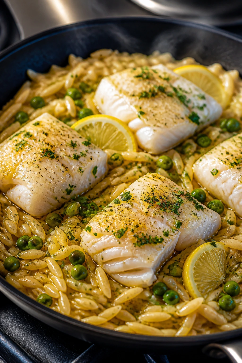 Lemon butter cod over orzo with peas in a skillet on a stove.