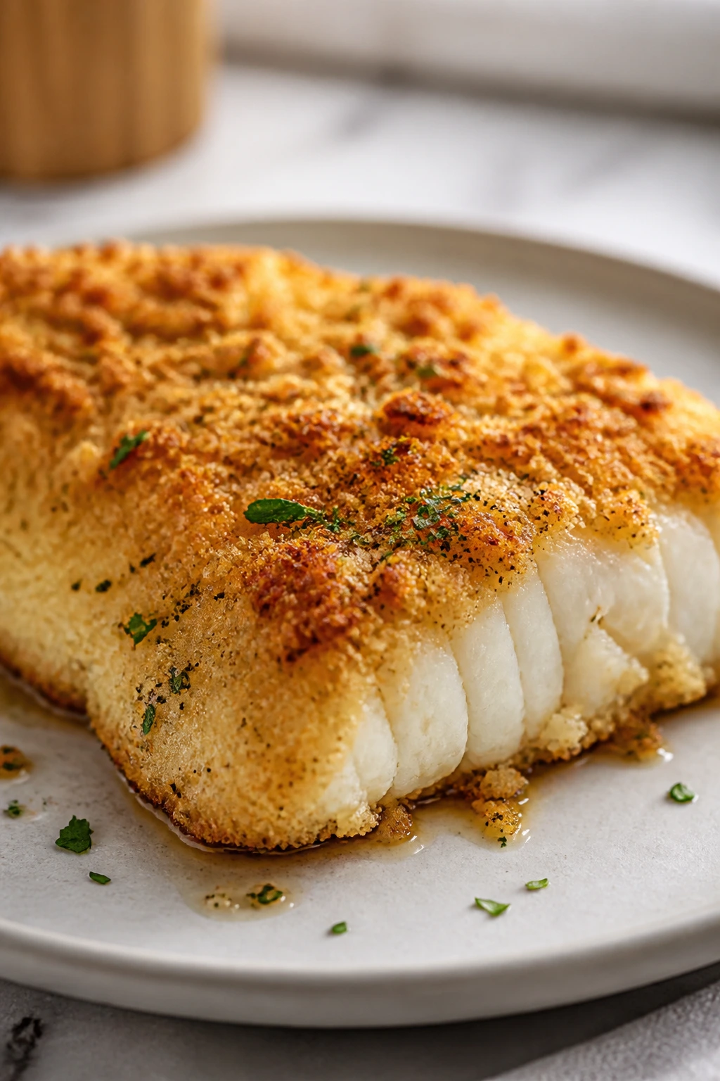 Cod fillet with parmesan crust on plate