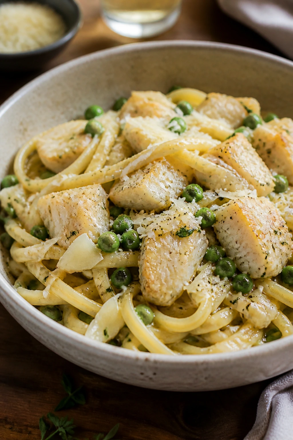Plated buttery cod pasta with peas and Parmesan