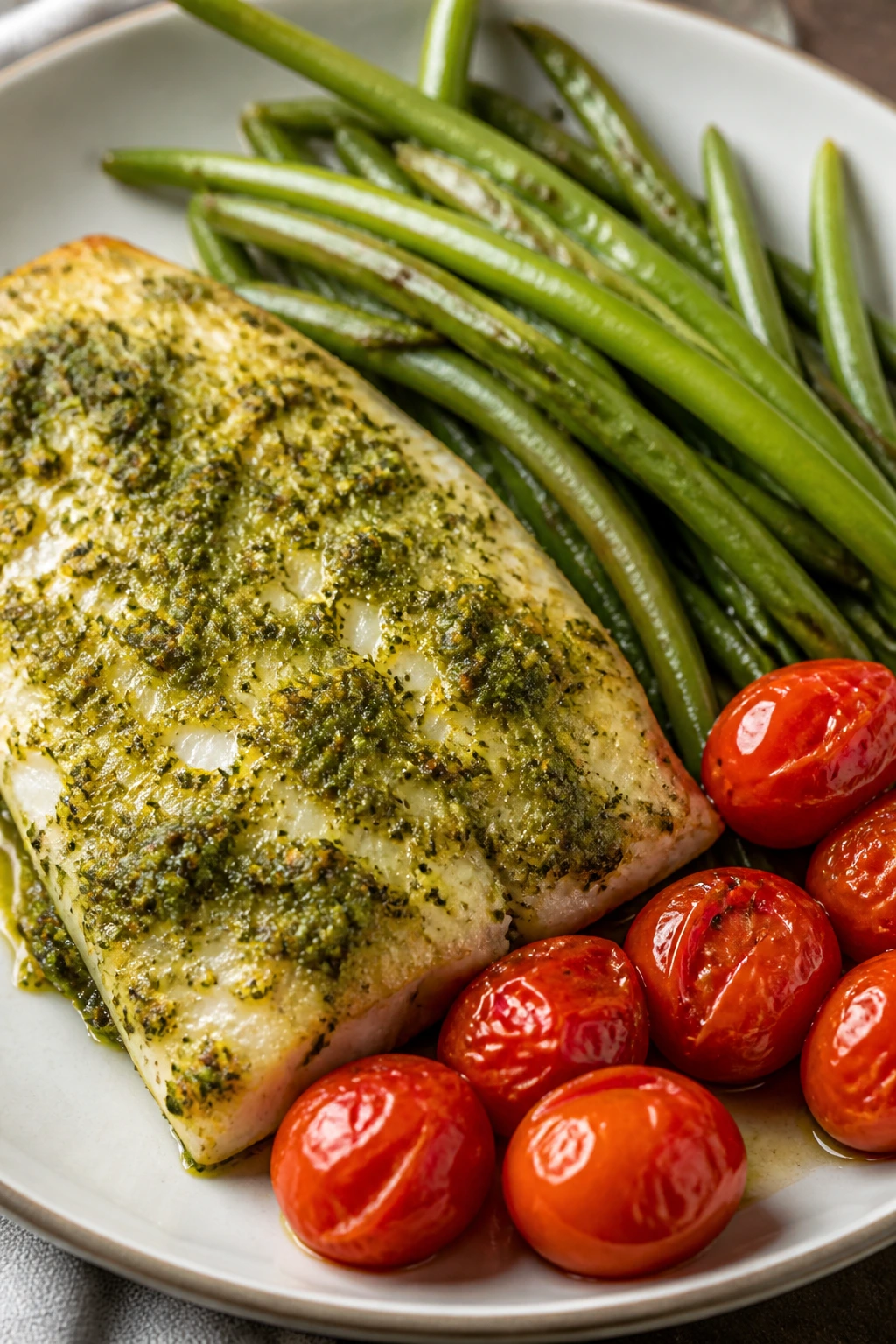 Pesto cod with tomatoes and green beans on plate