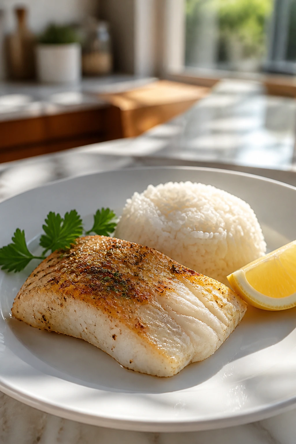 Close-up plate of cod with rice and a lemon wedge on a white plate in a kitchen.