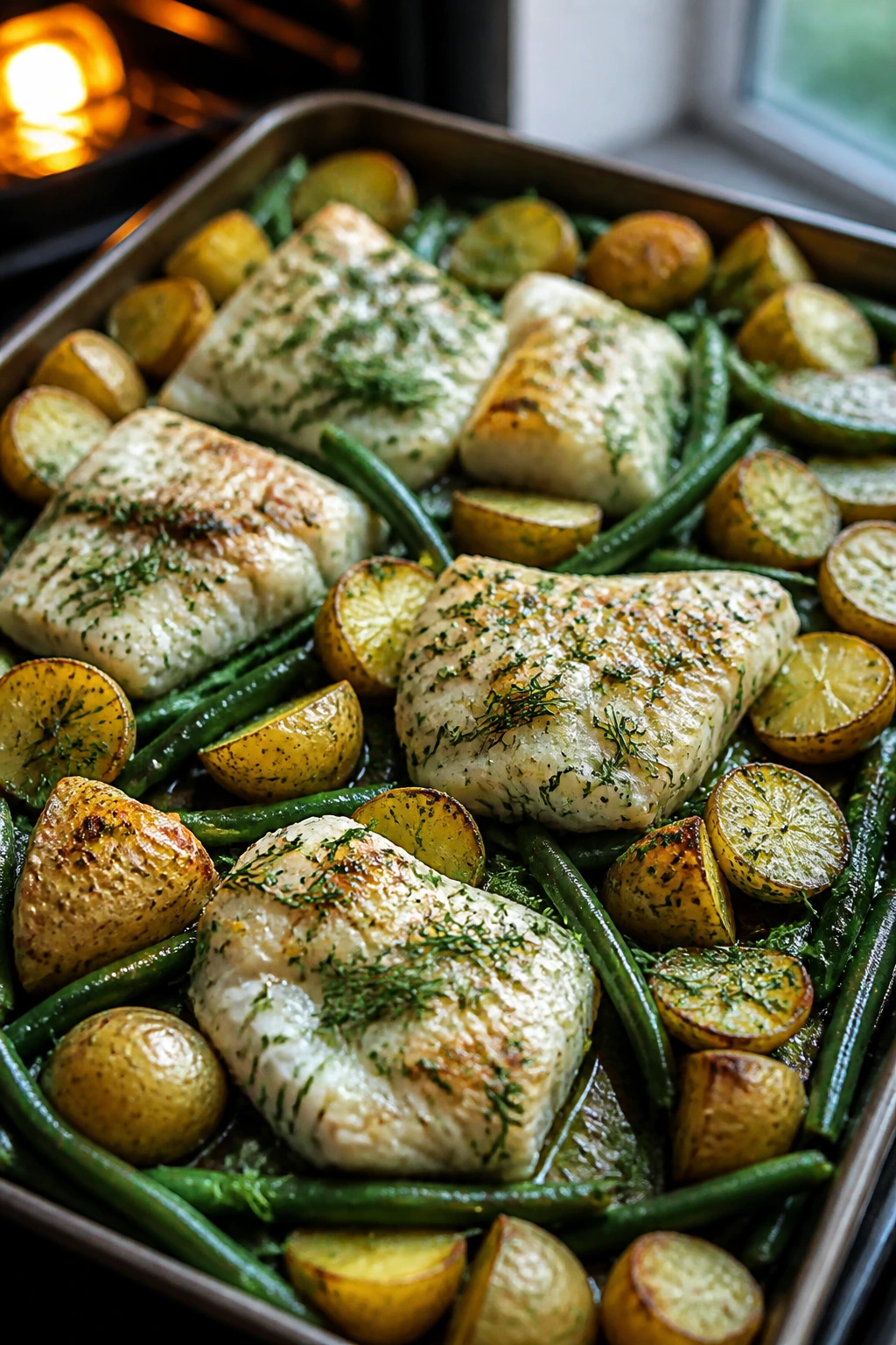 Sheet-pan dinner with cod, potatoes, and green beans on a baking sheet.