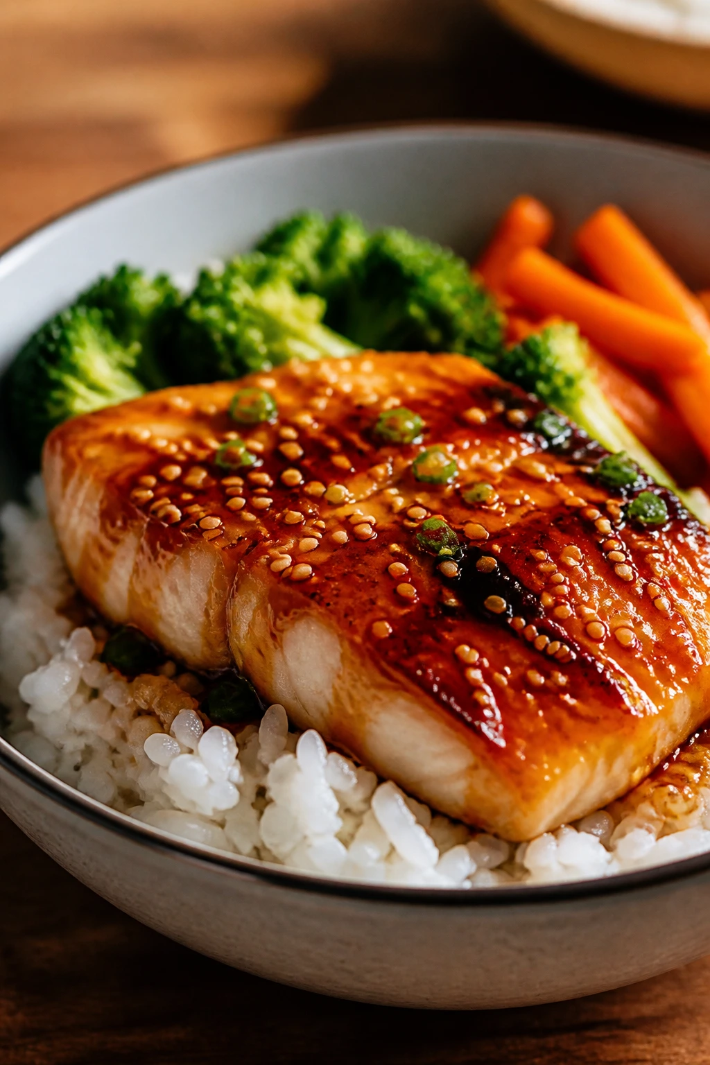 Glossy honey-soy cod over rice in a bowl