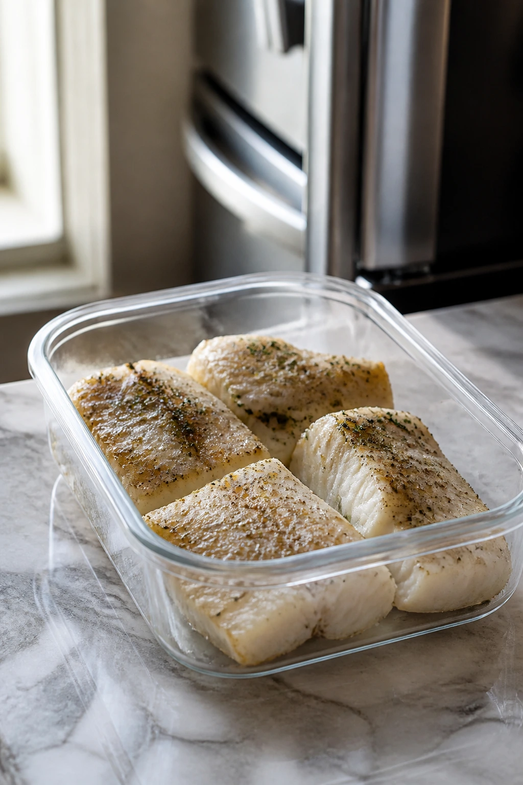 Cod pieces in a clear storage container on a kitchen counter near a fridge.