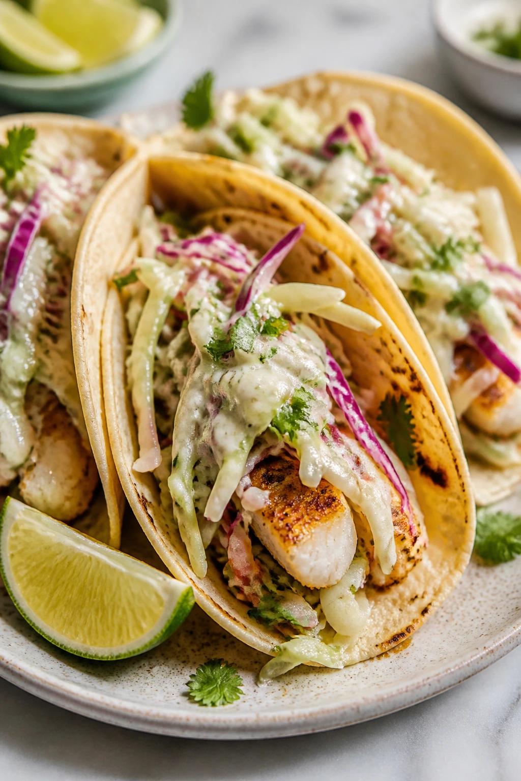 Close-up of Cod Street Tacos with cabbage slaw and crema