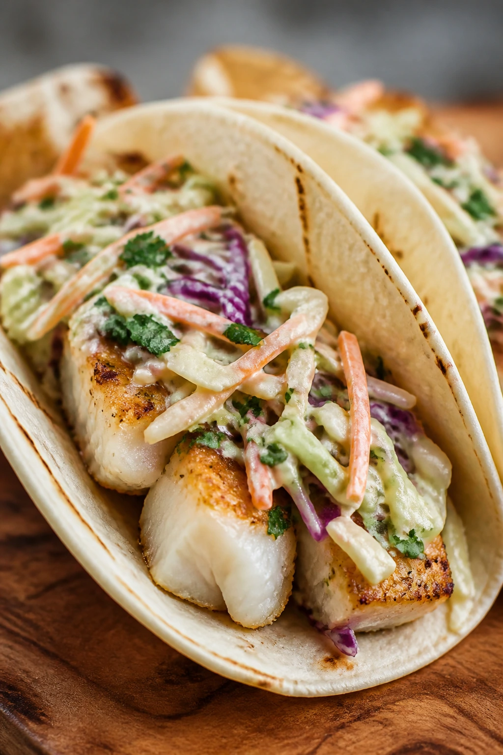 Mild cod tacos with creamy slaw on a plate in a kitchen.