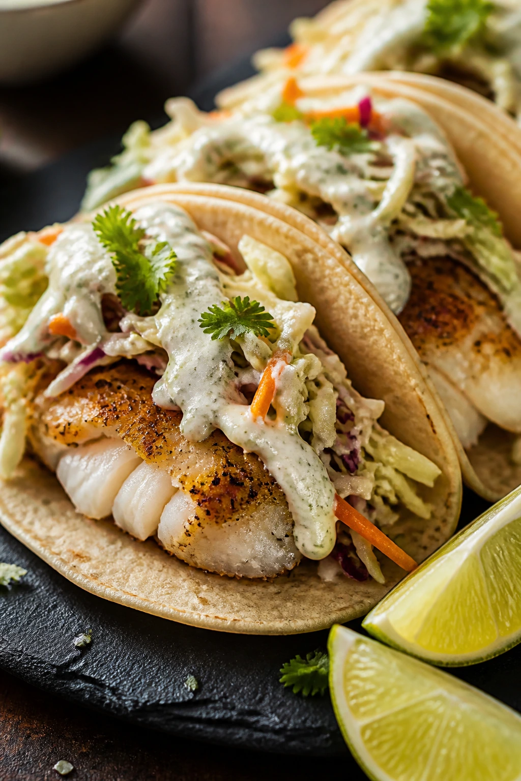 Cod tacos with slaw and lime crema on plate