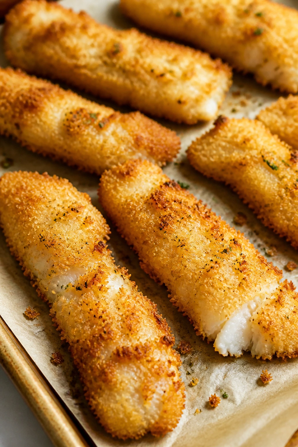 Golden cod tenders with parmesan crust on a baking sheet in a bright kitchen.