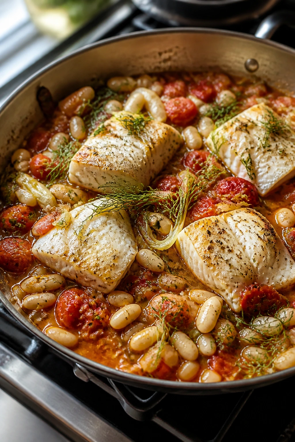 Close-up of cod fillets in tomato and white bean broth in a skillet