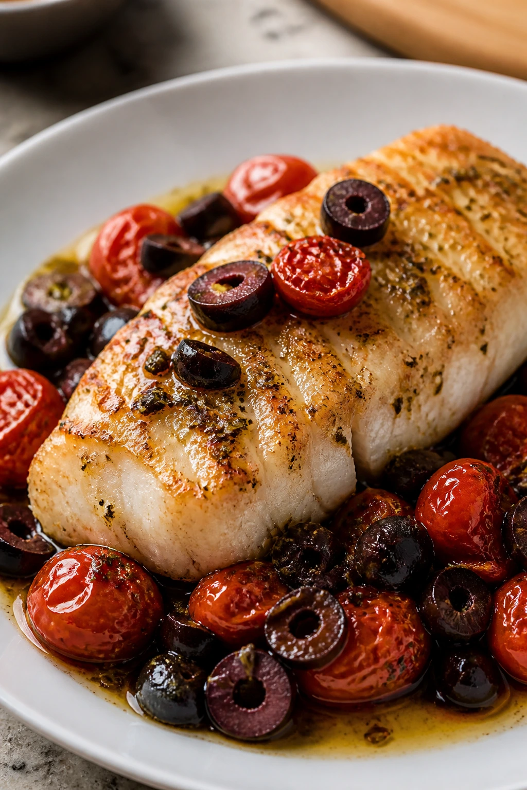 Cod fillet with cherry tomatoes and olives on plate