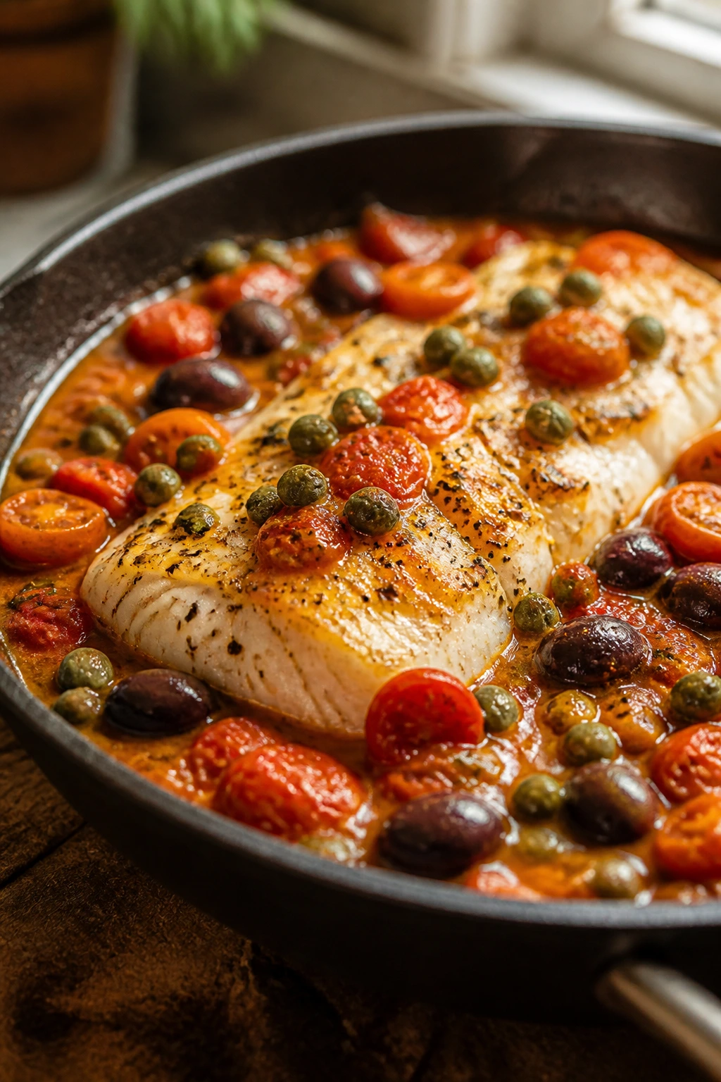 Close-up cod fillet in tomato-olive-capers sauce in a skillet on a kitchen counter