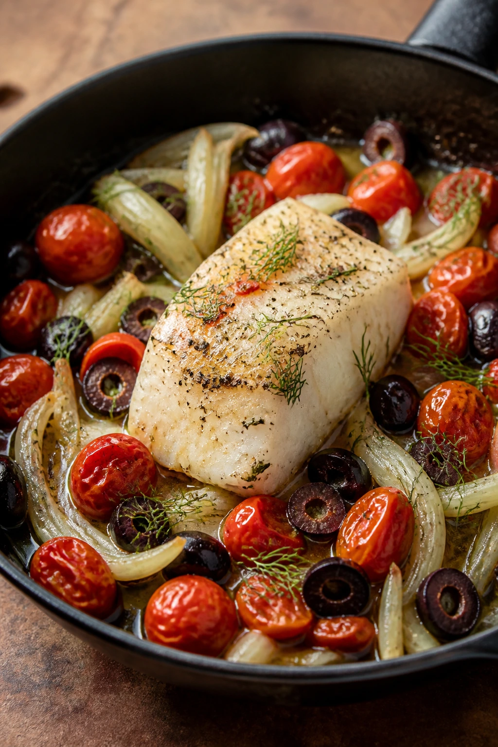 Cod fillet with tomatoes olives fennel in a skillet