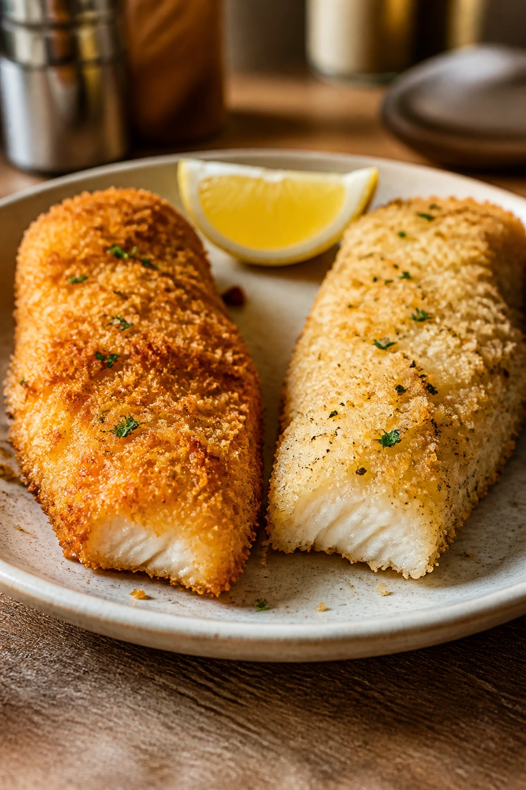 Cod tenders with two different coatings on a plate.