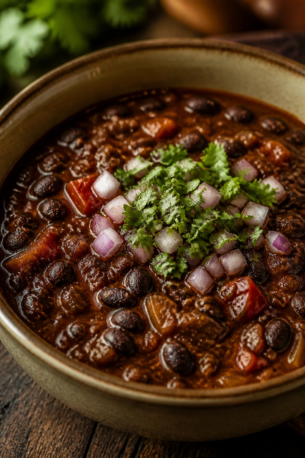 Bowl of Coffee-Chili Black Bean Chili with deep color