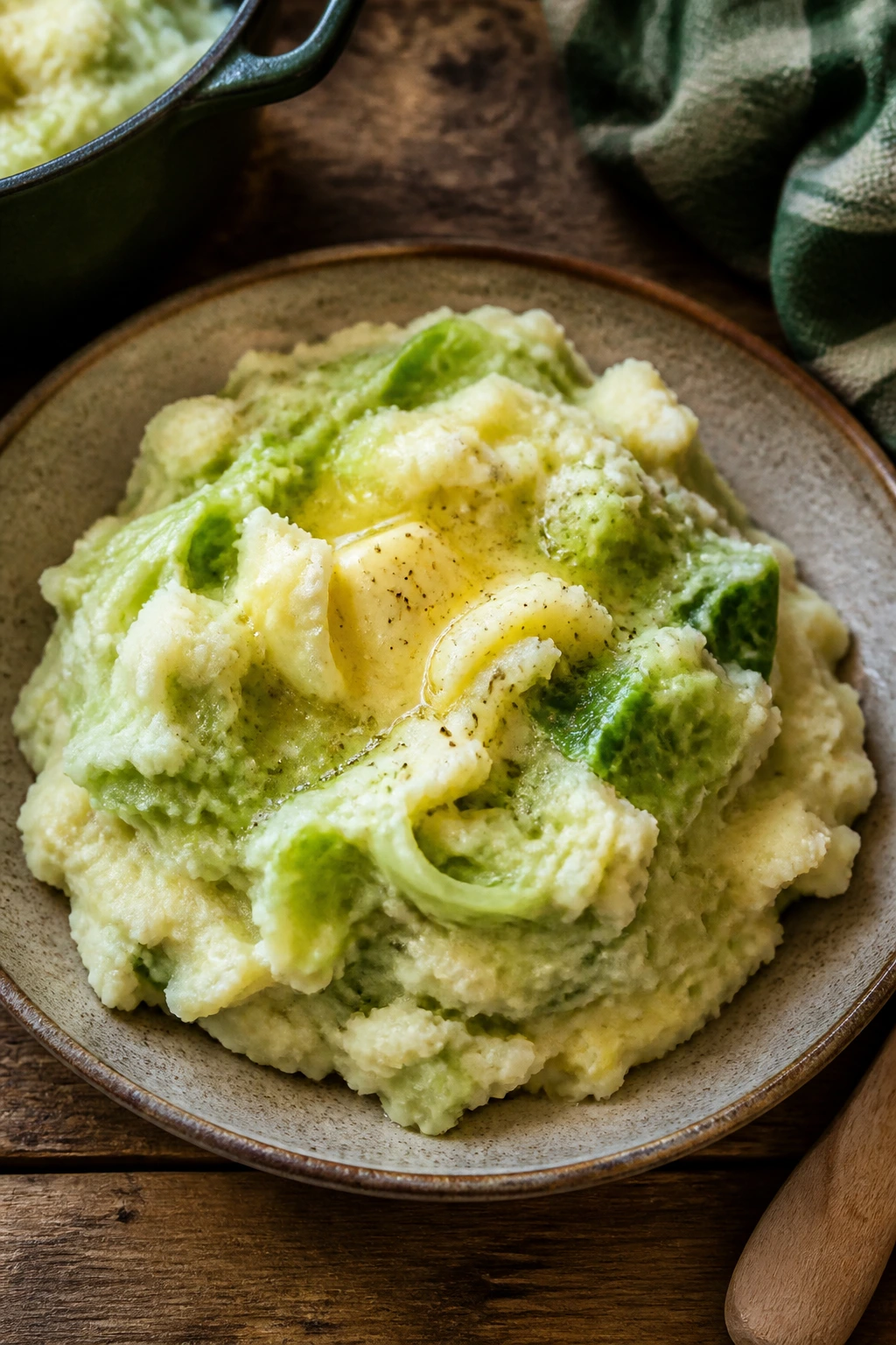 Creamy colcannon with cabbage ribbons on a rustic plate