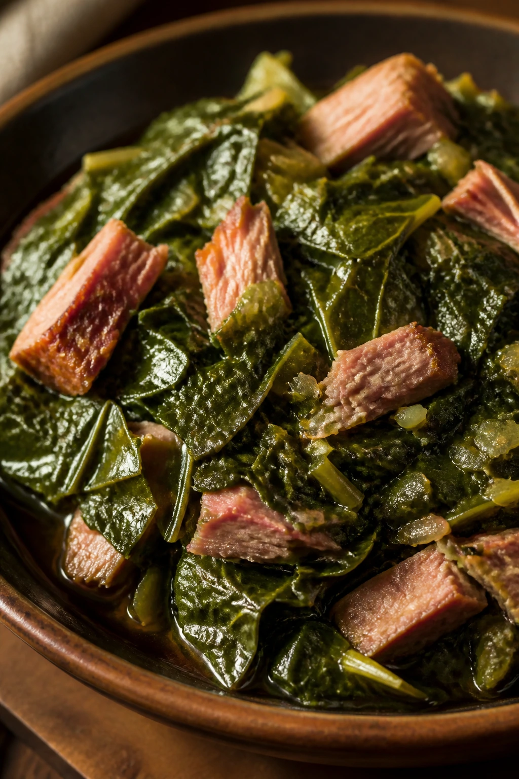Vibrant collard greens with smoked turkey in a rustic bowl