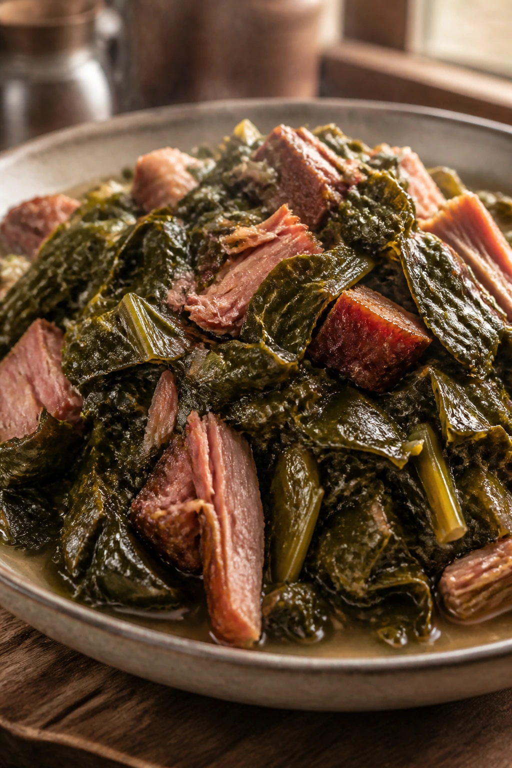 Close-up of collard greens with smoked turkey in a rustic bowl