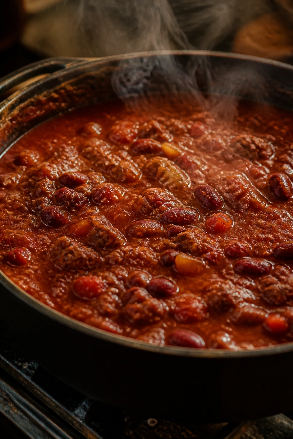 Close-up of bubbling chili pot in a rustic kitchen