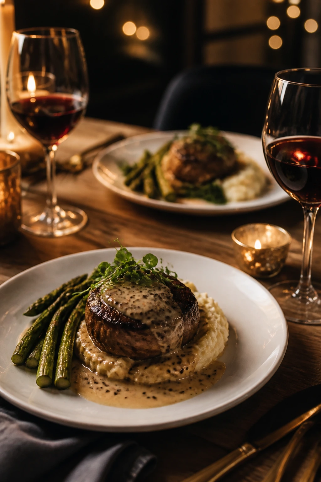 Close-up of two plated dinners on a warm table under candlelight, representing a curated collection.