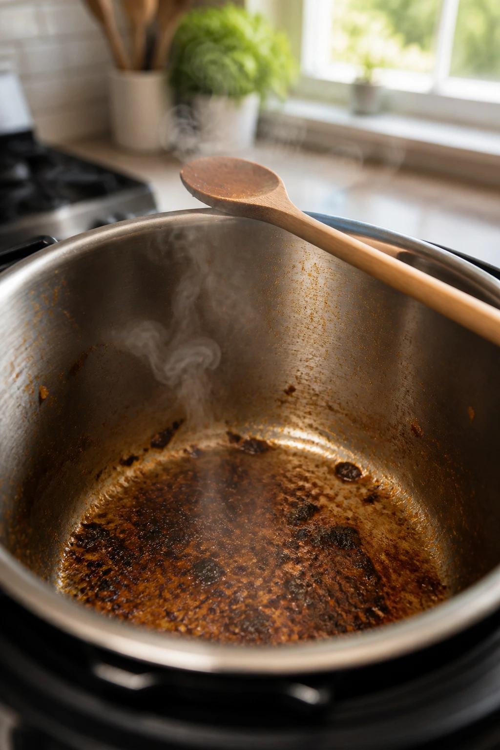 Stovetop pot with burnt bits and steam illustrating common mistakes to avoid