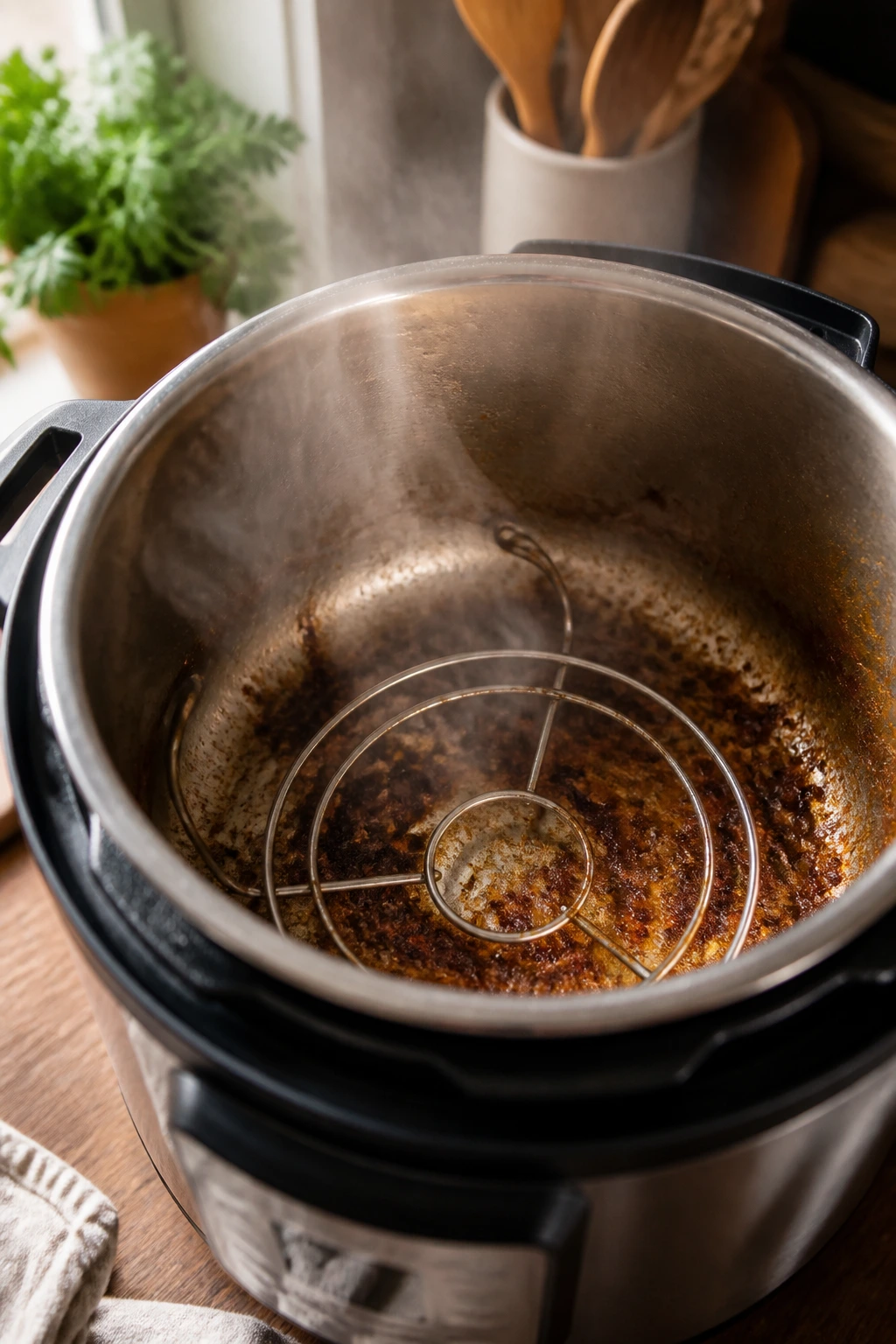 Burnt bottom in pressure cooker as example of common mistakes